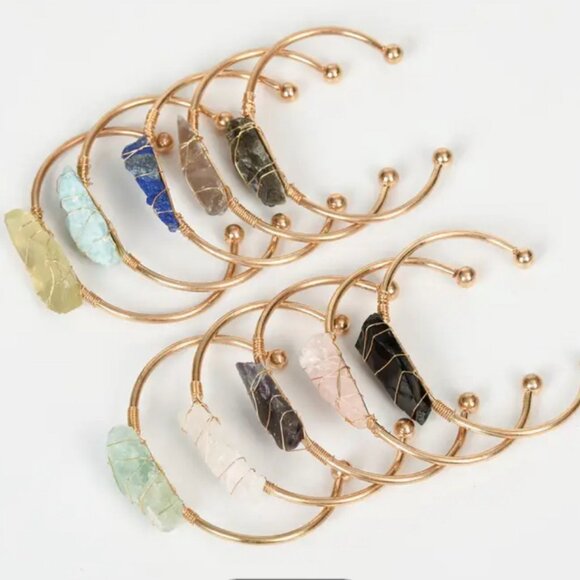 Wire Wrapped Natural Amazonite Gemstone Gold Tone Cuff Bangle - Bohemian Style - Picture 3 of 4